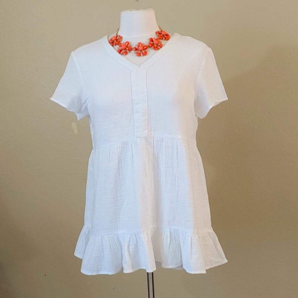 Beach Lunch Lounge -  White Cotton peasant shirt with ruffle hem  Size - S